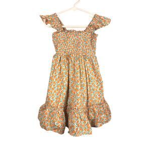 J. Crew Crewcuts Dress Girls 4 White Peach Print Smocked Flutter Sleeve Tiered
